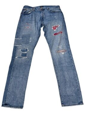 Polo Ralph Lauren Varick Slim Straight Patchwork Bandana Distressed Jeans 34x34